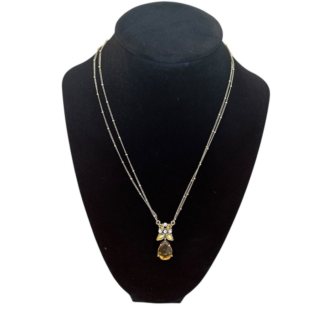 Monet Gold Tone Yellow Glass Rhinestone Drop Pendant Necklace Signed Vintage